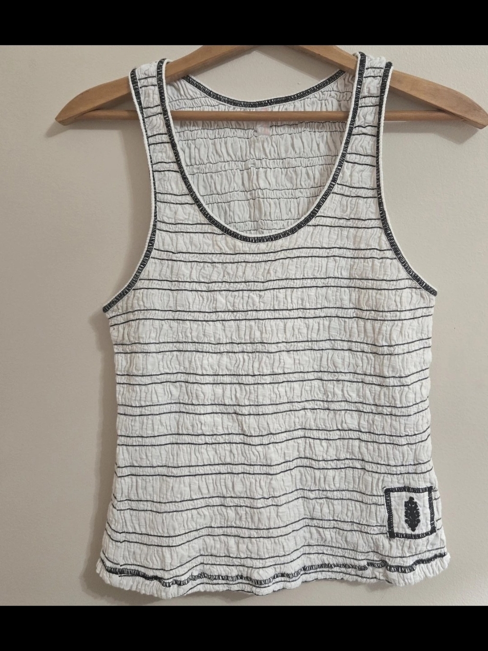 Free People Women’s New Flow Smocked Tank MED White With Black Stiched Stripes